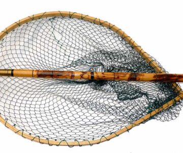 wood framed traditional specimen landing net with bamboo pole