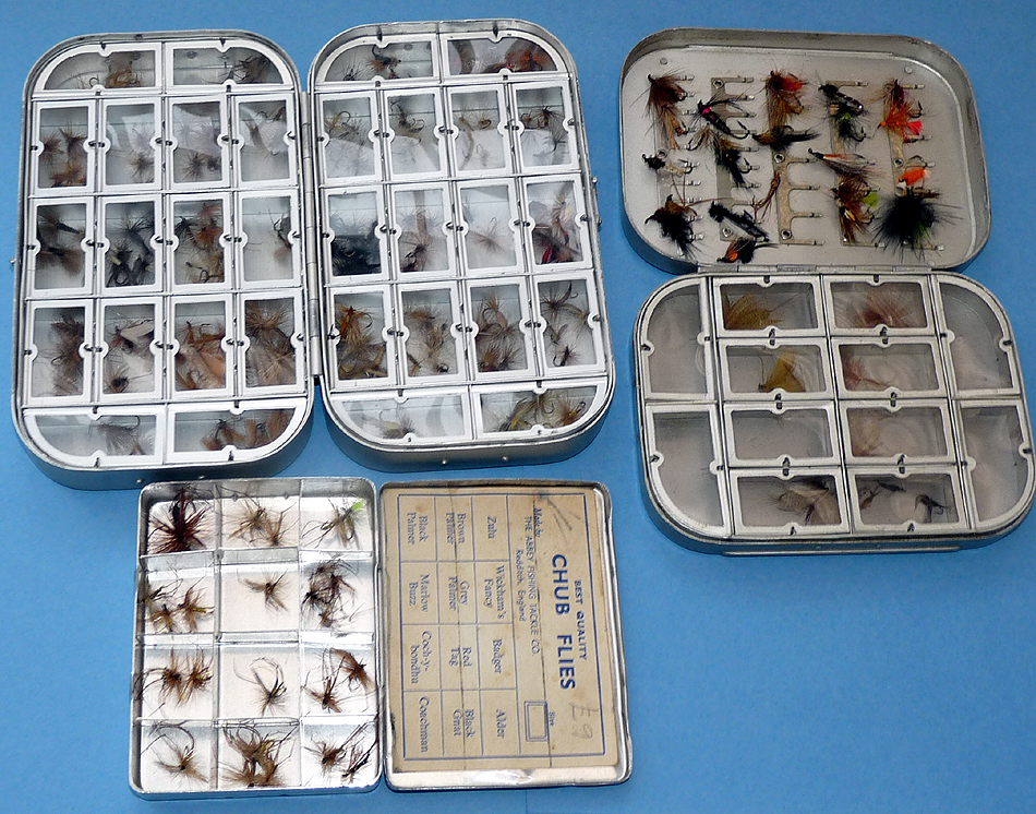 3 Wheatley alloy fly boxes, 32 + 12 compartment + Abbey Chub fly box