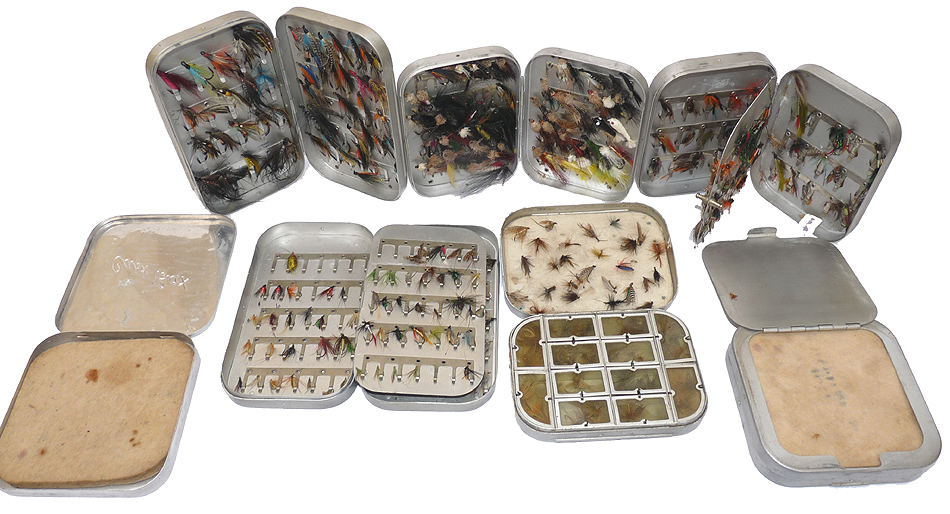 6 Wheatley vintage alloy pockets fly boxes + salmon sea trout and trout flies