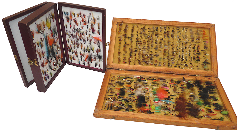 600 trout salmon flies in 2 wood reservoir boxes