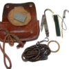 Antique fishing twig and weed cutter, wallet and sharpener