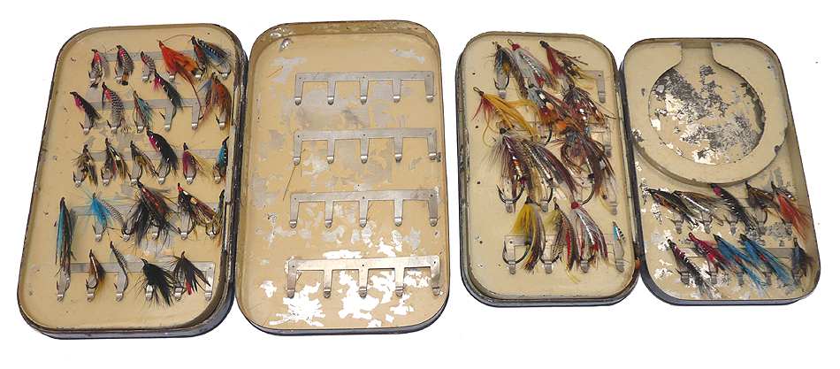 Hardy Halford dry fly box 2 antique Malloch tins , 110 salmon flies inc gut eye - Image 6