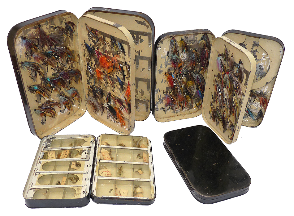 Hardy Halford dry fly box 2 antique Malloch tins large collection gut eye salmon flies