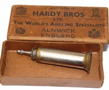 Hardy antique nickle plated brass reel oiler + Hardy box