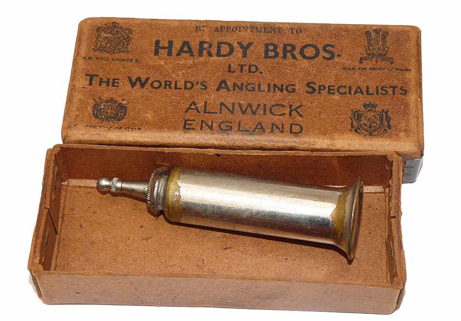 Hardy antique nickle plated brass reel oiler + Hardy box