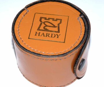 Hardy leather reel case with Castle logo for fly reels