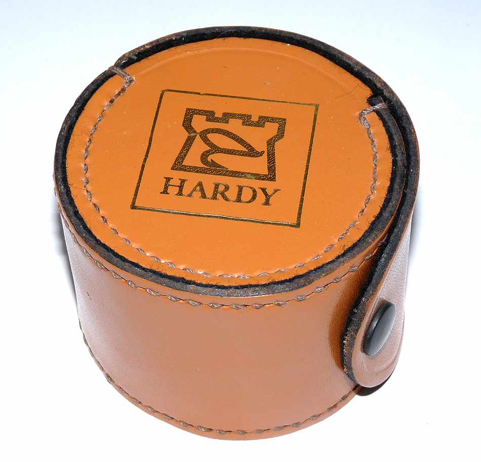 Hardy leather reel case with Castle logo for fly reels