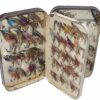 Malloch & Bernard antique black japanned swing lea fly box + 60 gut eye salmon flies
