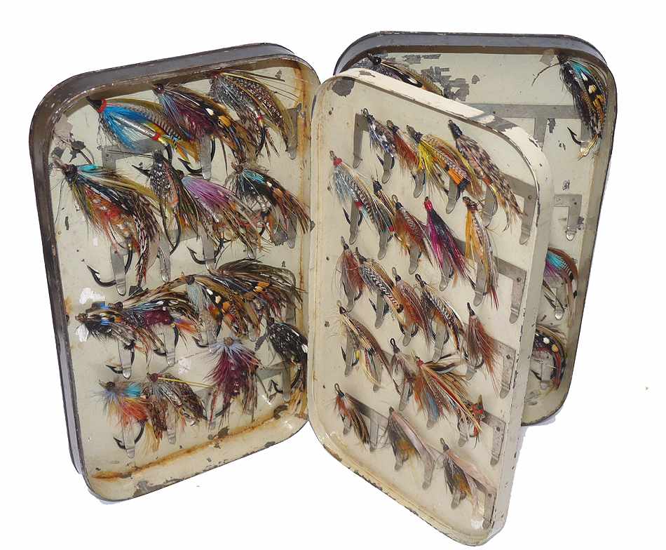 Malloch & Bernard antique black japanned swing lea fly box + 60 gut eye salmon flies