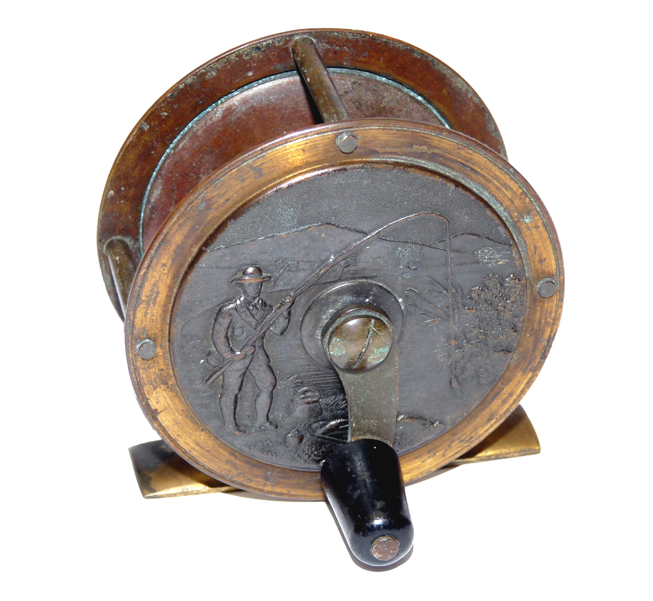 Reuben Heaton Birmingham, antique fishing scene reel, best condition