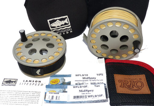 Lamson LS 4 reel + spare spool + 2 Rio 9/10 Spey lines + tips and cases