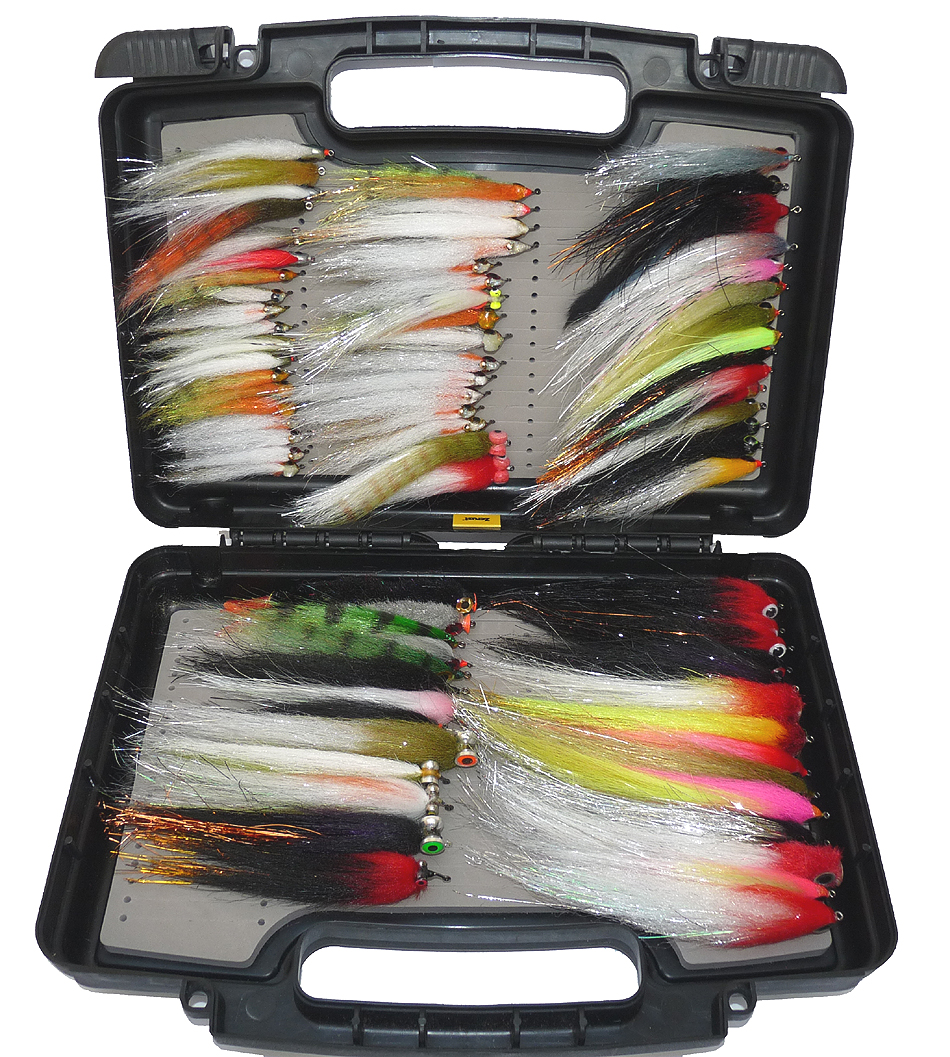 80 pike saltwater custom tied flies in composite fly case