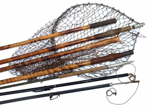 Hardy salmon tailer, vintage bamboo wading staffs, simplex pattern net