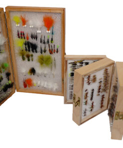 hundreds of trout and grayling flies in two wood boxes, single triple layer