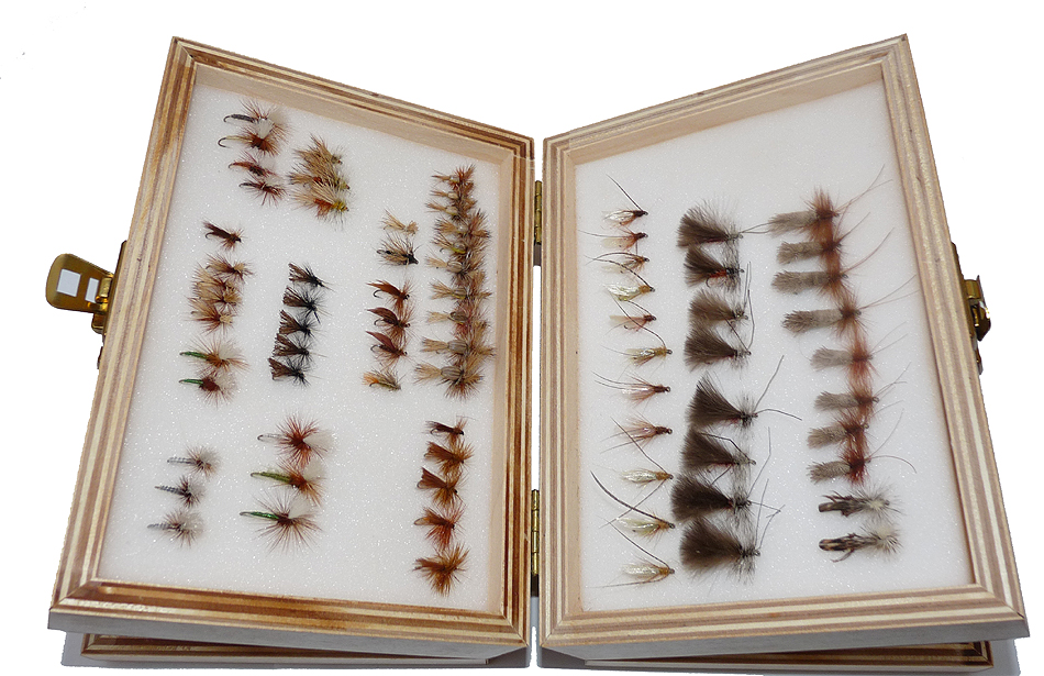 hundreds of trout and grayling flies in two wood boxes, single triple layer - Image 6