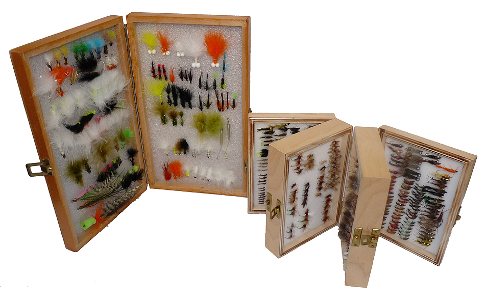 hundreds of trout and grayling flies in two wood boxes, single triple layer