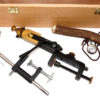 2 fly tying vices & staghorn priest in custom wooden box,