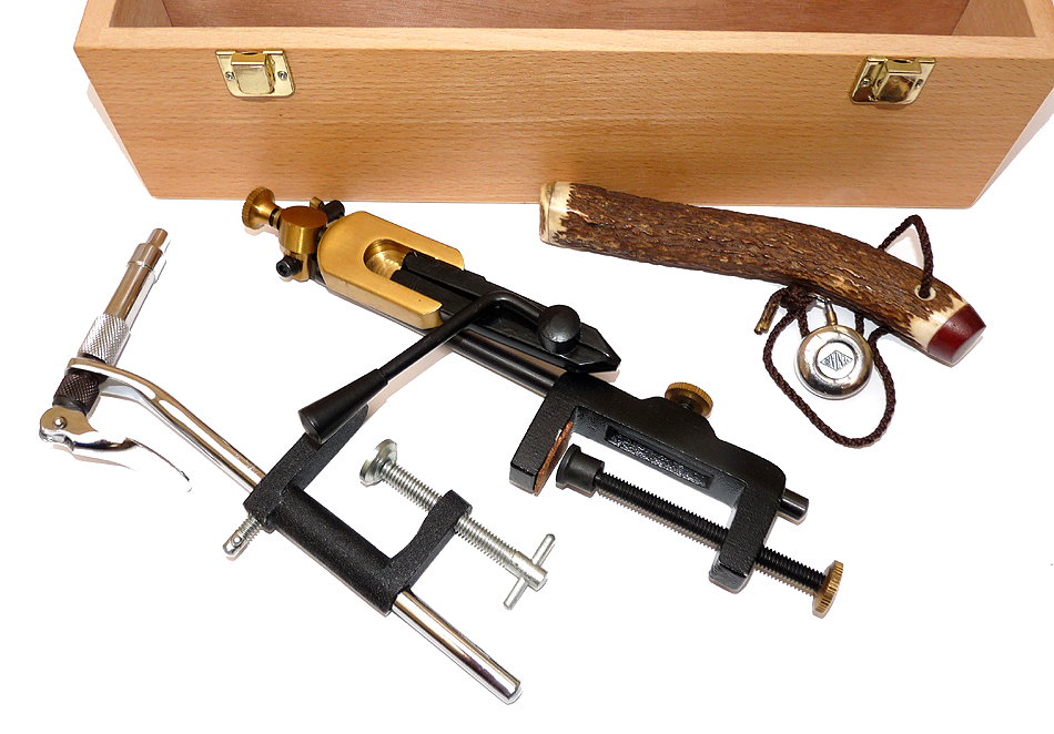 2 fly tying vices & staghorn priest in custom wooden box,