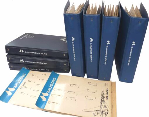 Mustad, Sweden 59 salesmans sample hook boards in 7 folders