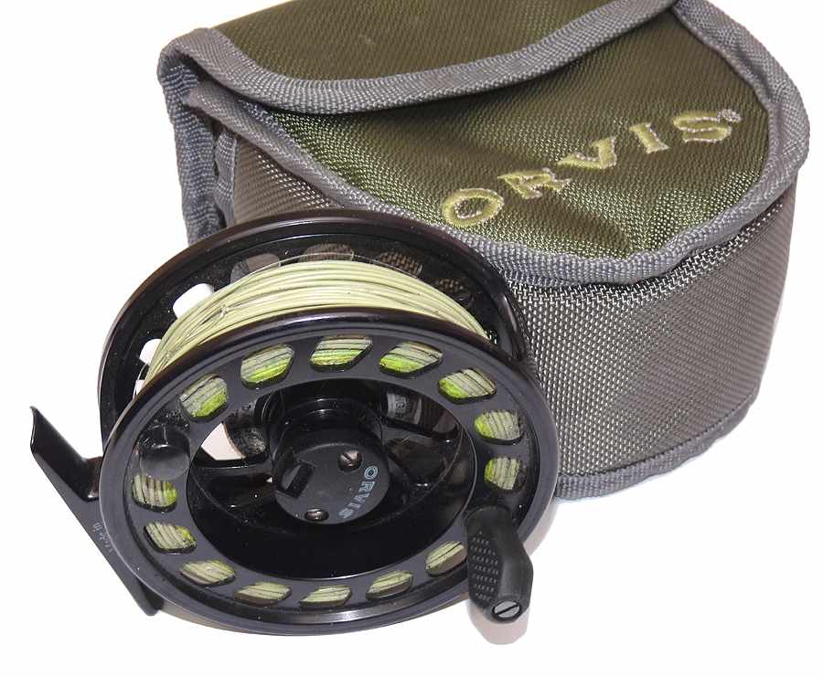Orvis Mach III alloy trout fly reel, line backing & padded case