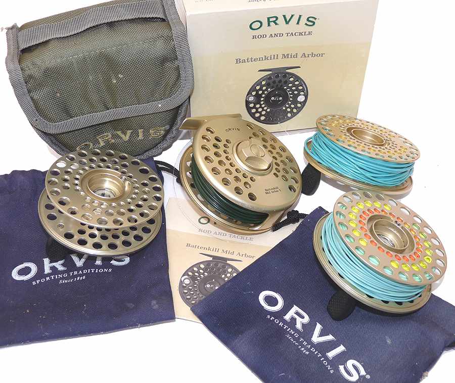 Orvis Battenkill Mid Arbor V fly reel, 3 s/spools + line backing cases & box - Image 3