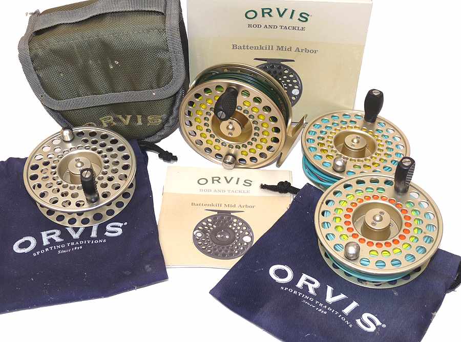Orvis Battenkill Mid Arbor V fly reel, 3 s/spools + line backing cases & box