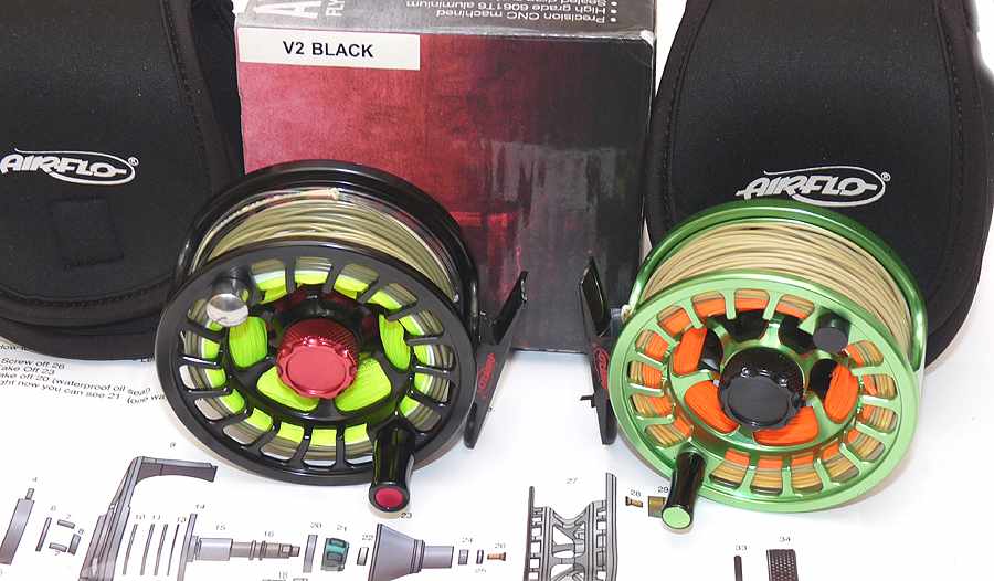 2 Airflo V2 large arbour fly reels, black 6/8 + green 3/4 with box
