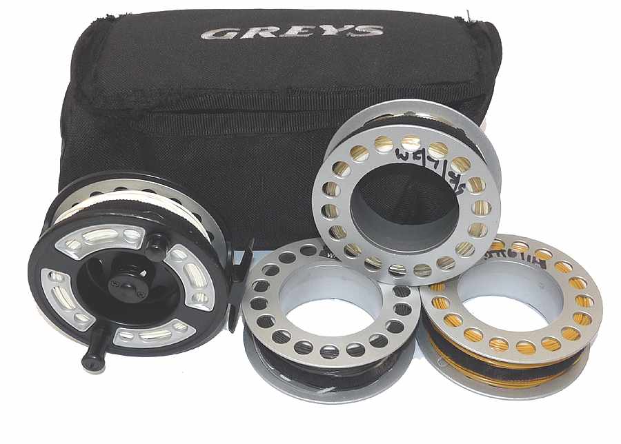 Greys GRXi #7/8 large arbor fly reel, 3 s/spools lines & padded case