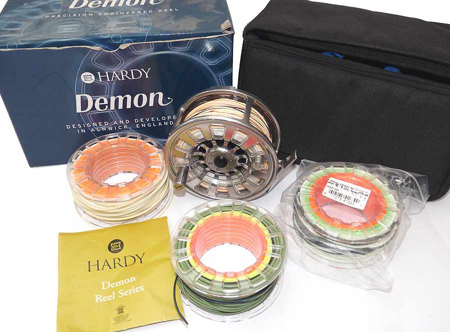 Hardy Demon 9000 large arbour fly reel, 3 spools, 3 lines case