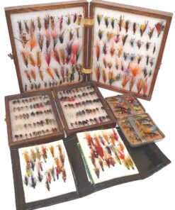 250+ salmon flies + trout seat trout flies in wooden boxes and wallets