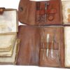 Hardy On View antique leather wallet, 2 wallets tying tools feathers and casts