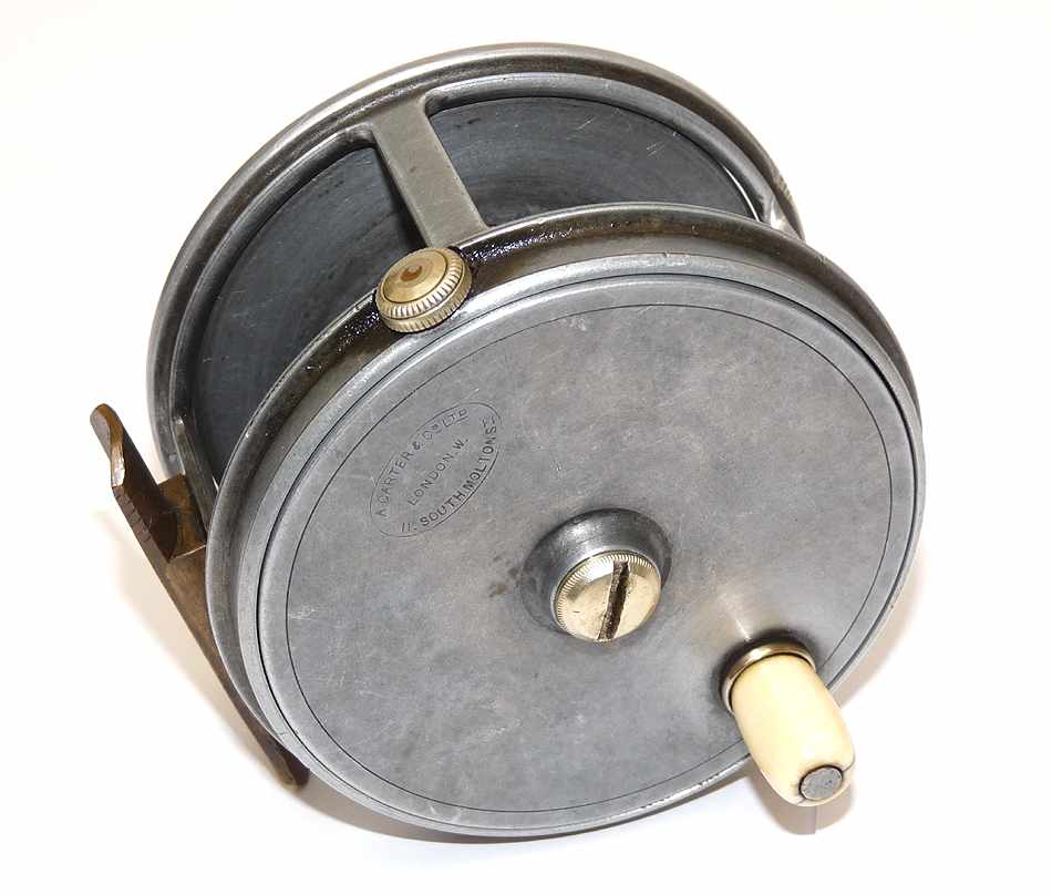 Carter of London 3.5" wide drum alloy salmon fly reel c1900