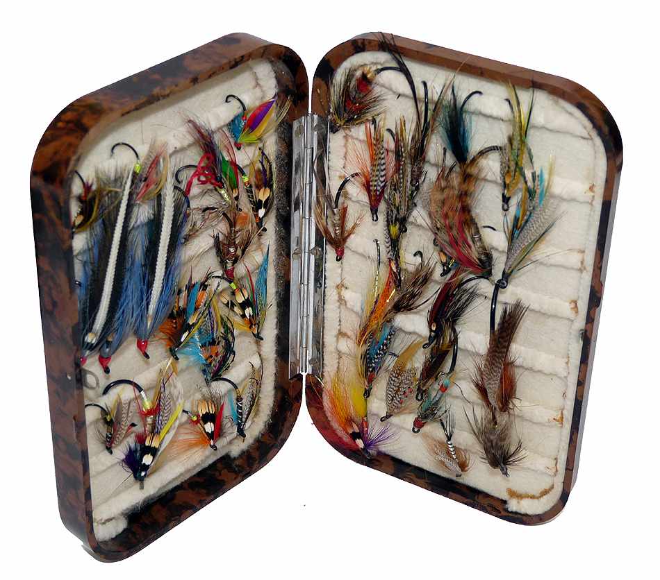 Hardy Neroda vintage fly box + various salmon flies