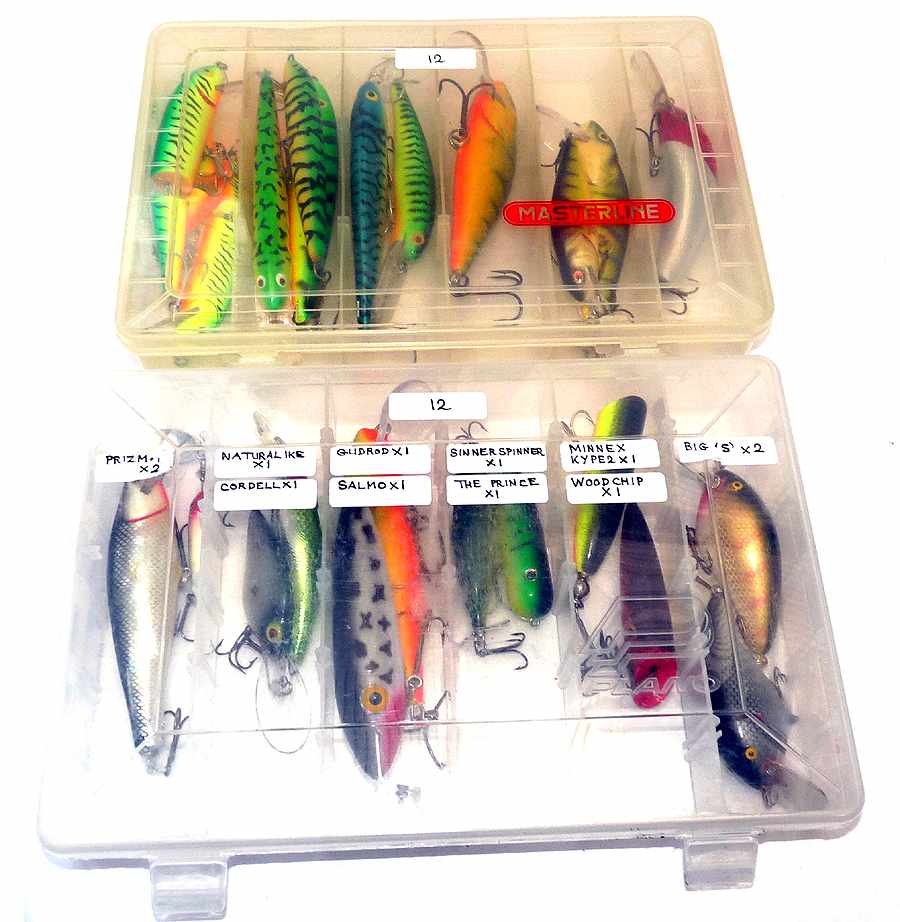 Alternative view of 24 pike lures up to 5" Plano Masterline boxes Gudebrod Snipper