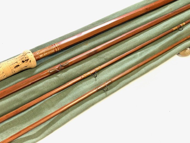 Alternative view of Sharpe’s of Aberdeen Scottie 13’ three piece plus spare tip impregnated cane salmon fly rod with bag