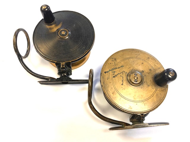 Alternative view of Malloch Patent pair of vintage fishing side casting reels