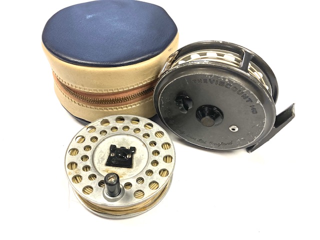 Hardy Viscount 140 trout fly reel with spare spool and blue zip case