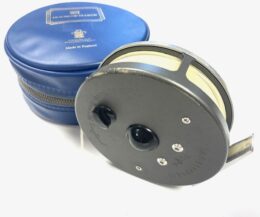 Alternative view of Hardy Marquis #8/9 trout fly reel with Hardy pouch