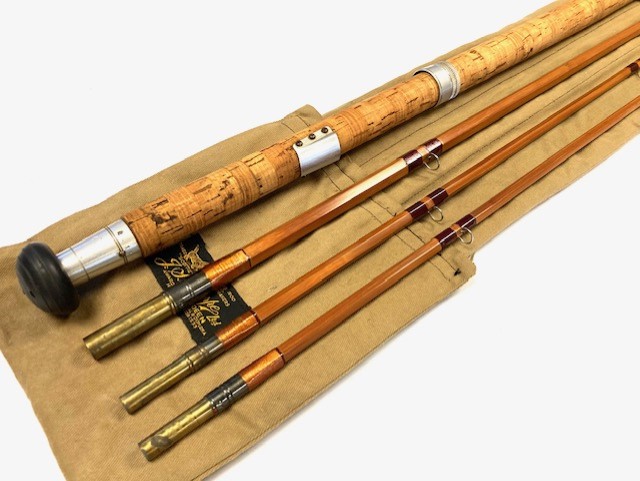 Sharpe’s of Aberdeen Scottie 13’ three piece plus spare tip impregnated cane salmon fly rod line #9