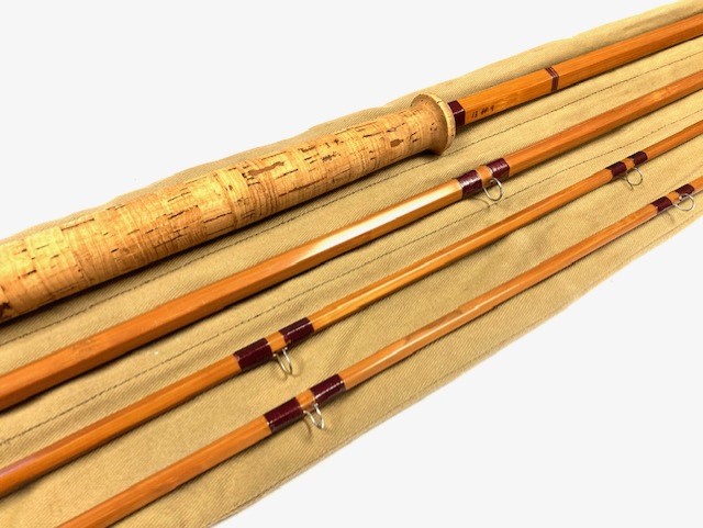 Alternative view of Sharpe’s of Aberdeen Scottie 13’ three piece plus spare tip impregnated cane salmon fly rod line #9 Fine condition