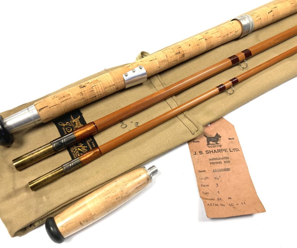 J.S. Sharpes of Aberdeen ‘The Scottie’ 14′ 3 Piece Impregnated Cane Salmon Rod Extension, Bag, Tags