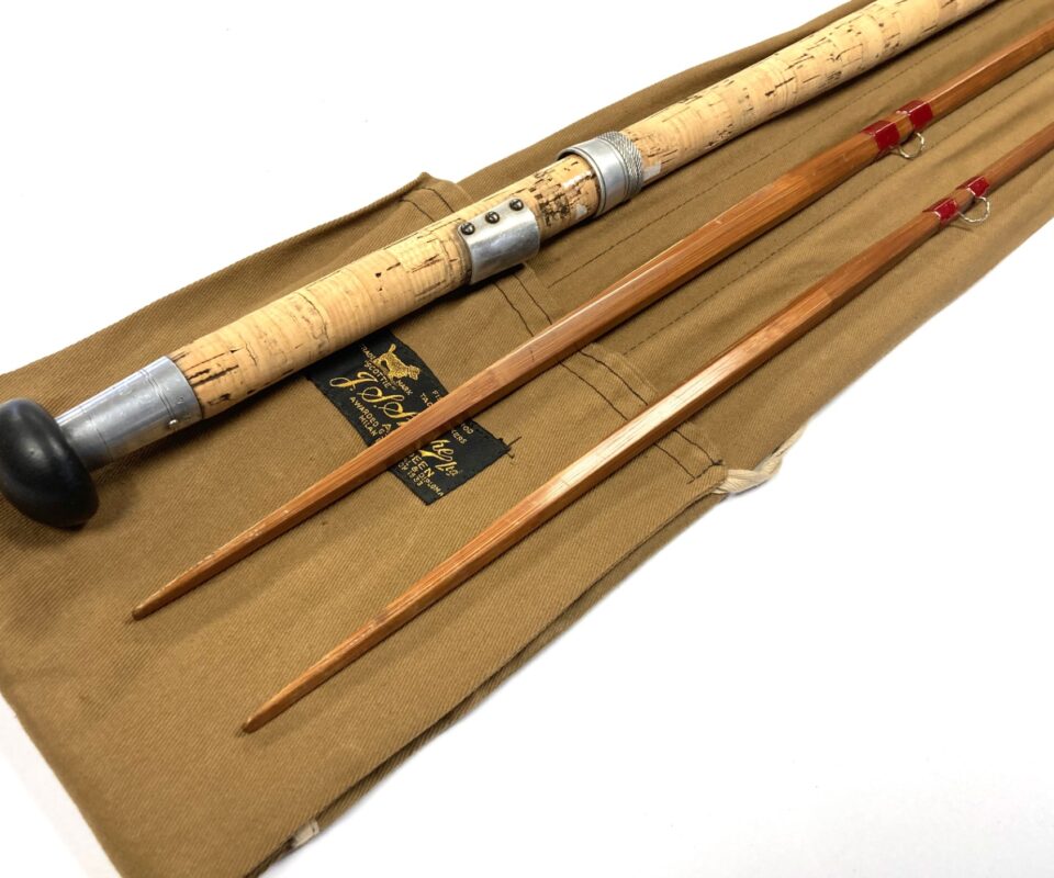 J.S Sharpe of Aberdeen 14’ impregnated split cane salmon fly rod spliced joints & bag