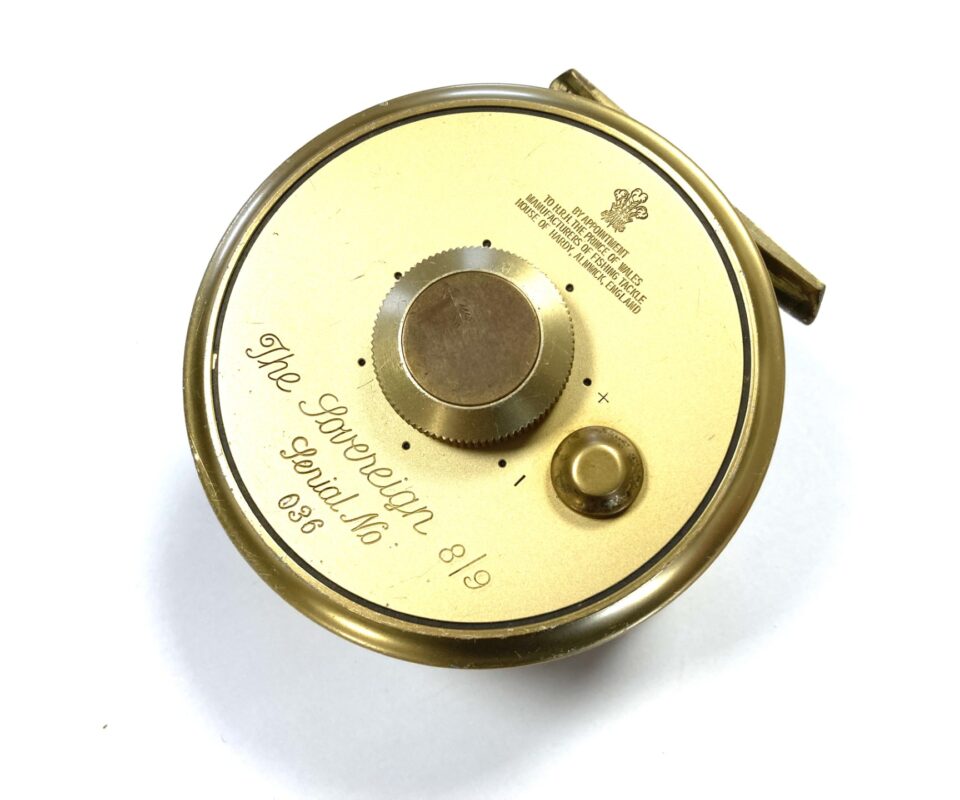 Alternative view of Hardy Gold Sovereign #8/9 trout fly reel with Hardy reel pouch Ltd Ed #036