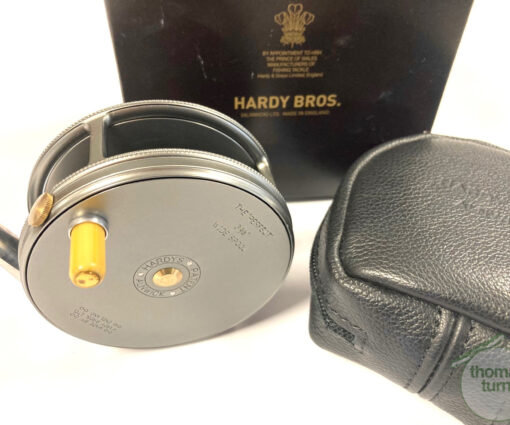 Hardy Perfect 3 3/8” wide spool alloy trout fly reel, mint condition with pouch and box