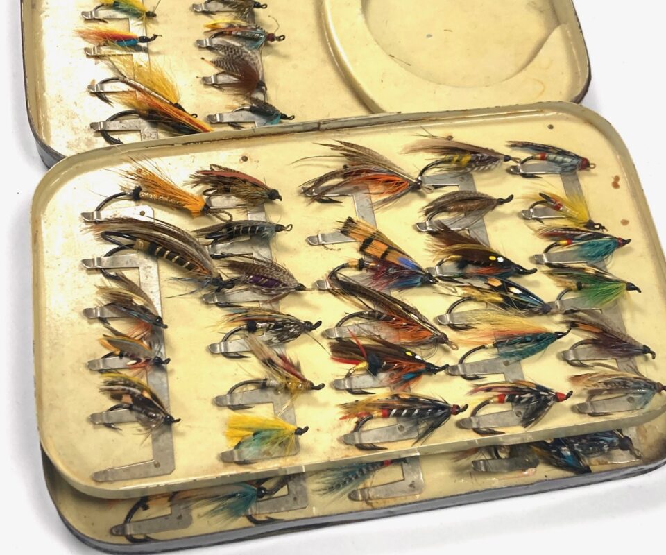 Malloch Antique Black Japanned Tin Case With Gut Eyed Salmon Flies