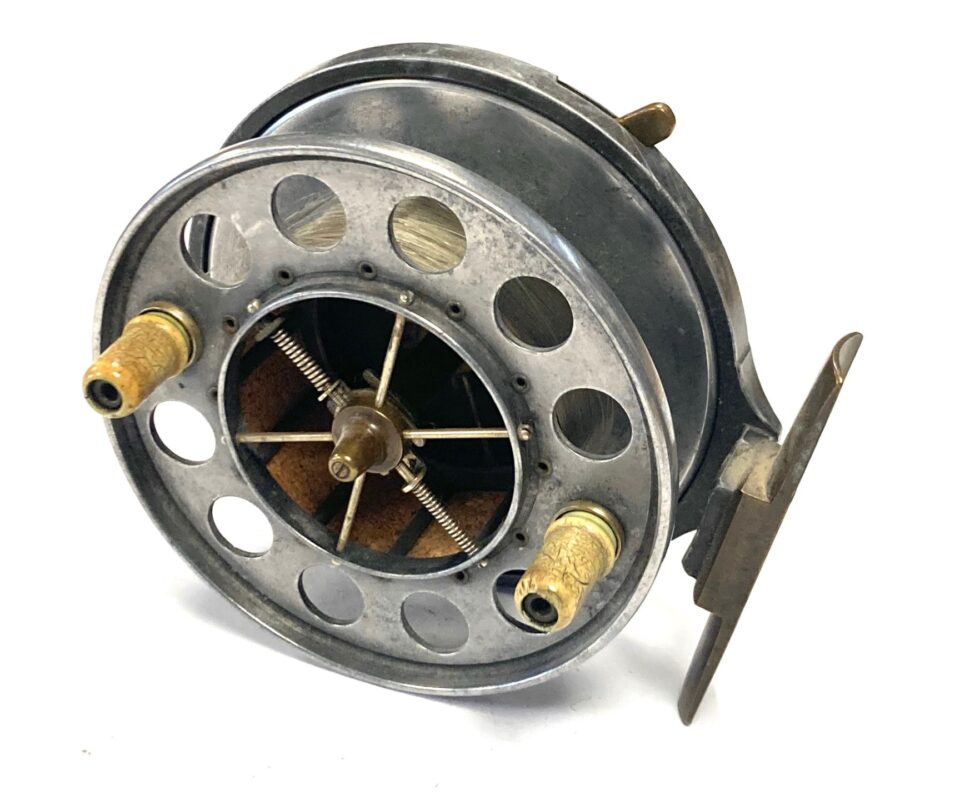 Allcock Aerial 4” diameter Centrepin trotting reel brass side lever check