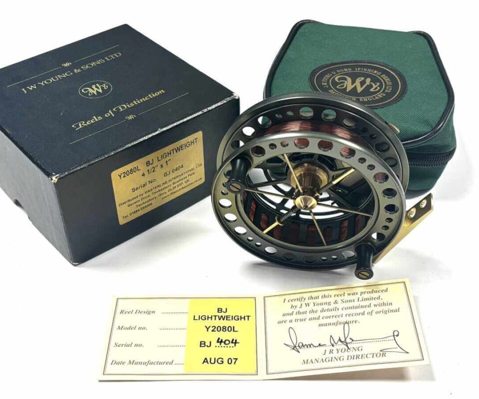   J.W Young B.J Lightweight 4.5”trotting reel, signed cert & leaflet case & outer box