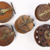 5 x unknown wood and brass Nottingham 3 1/2 " - 5 " Casting reel