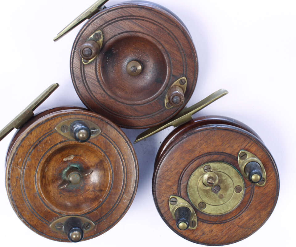   3 x Unknown brass wood Nottingham 3 1/2 " Casting reel