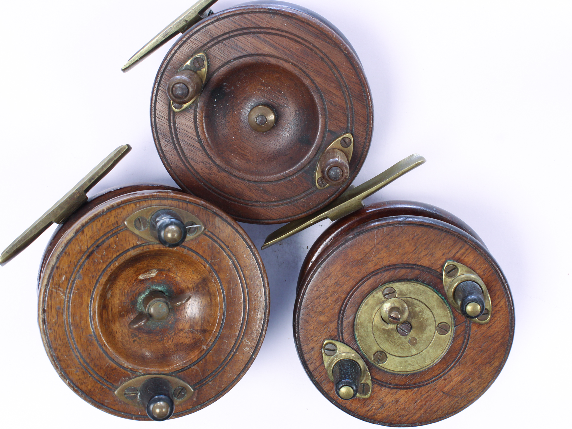 3 x Unknown brass wood Nottingham 3 1/2 " Casting reel